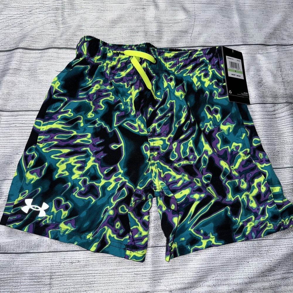 Under Armour Boys Swim Trunks Size 8 Green Compression Shorts Built In NEW